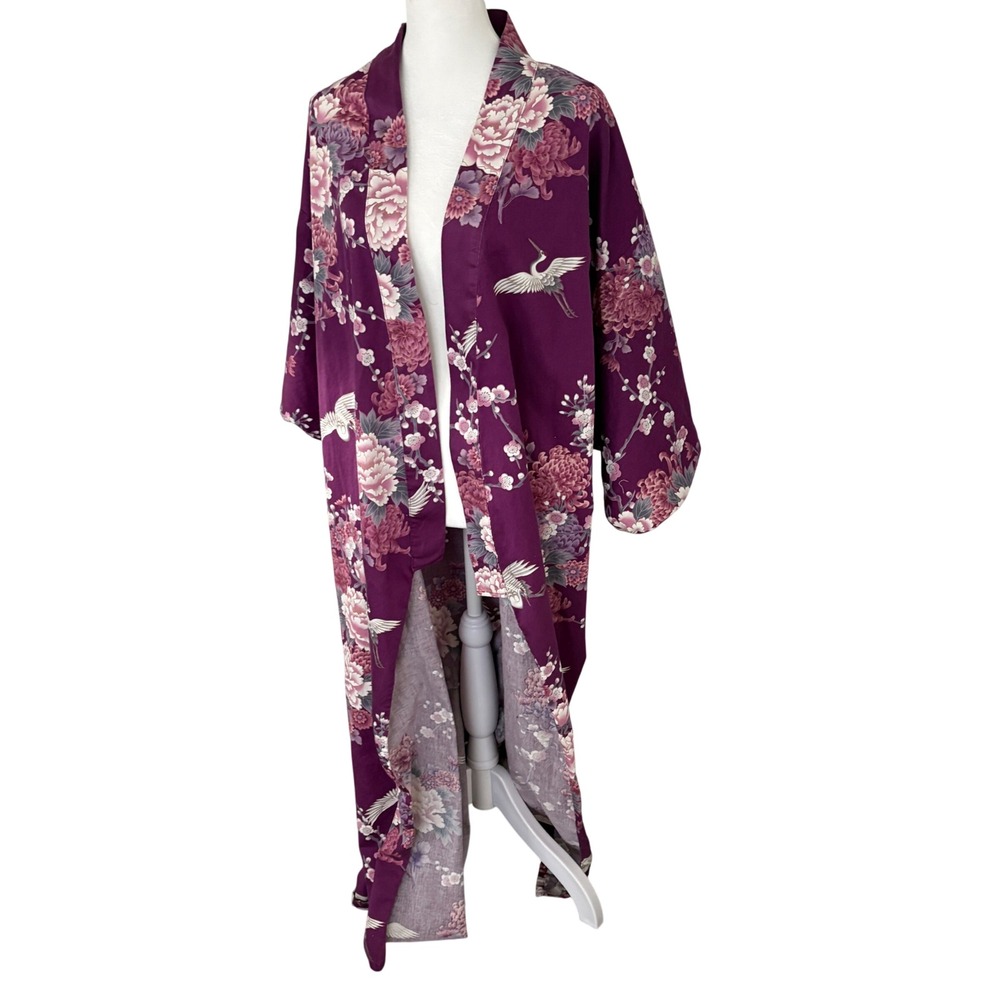 Smithsonian Institution Purple Cotton Crane Floral Kimono Robe Made in‎ Japan M